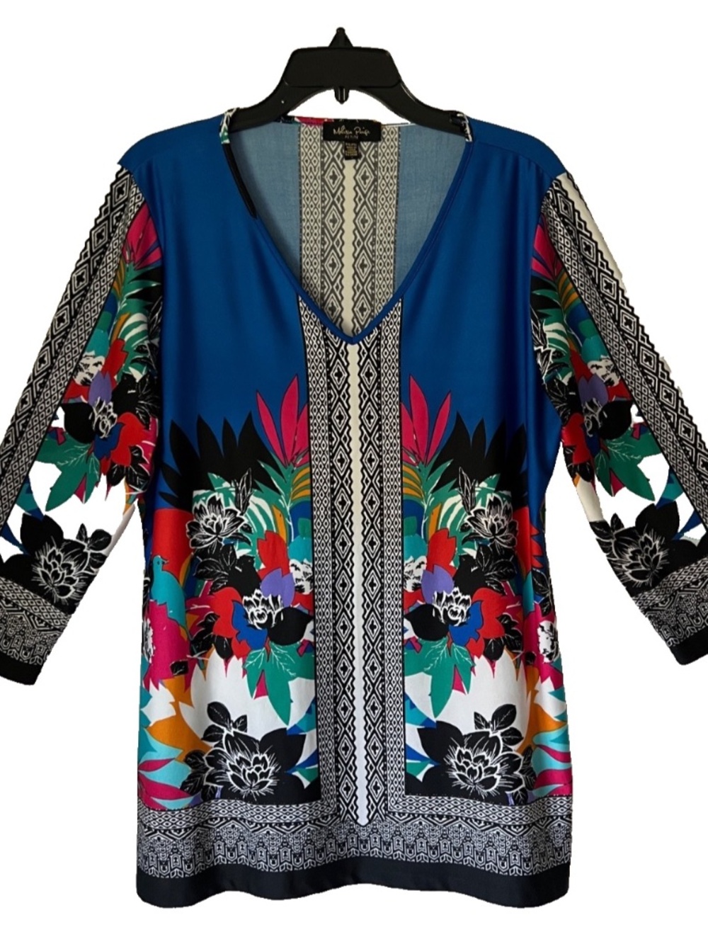 Sz PXL MELISSA PAIGE Colorful Tunic Top Hawaiian Blue Blouse Multicolor Coastal